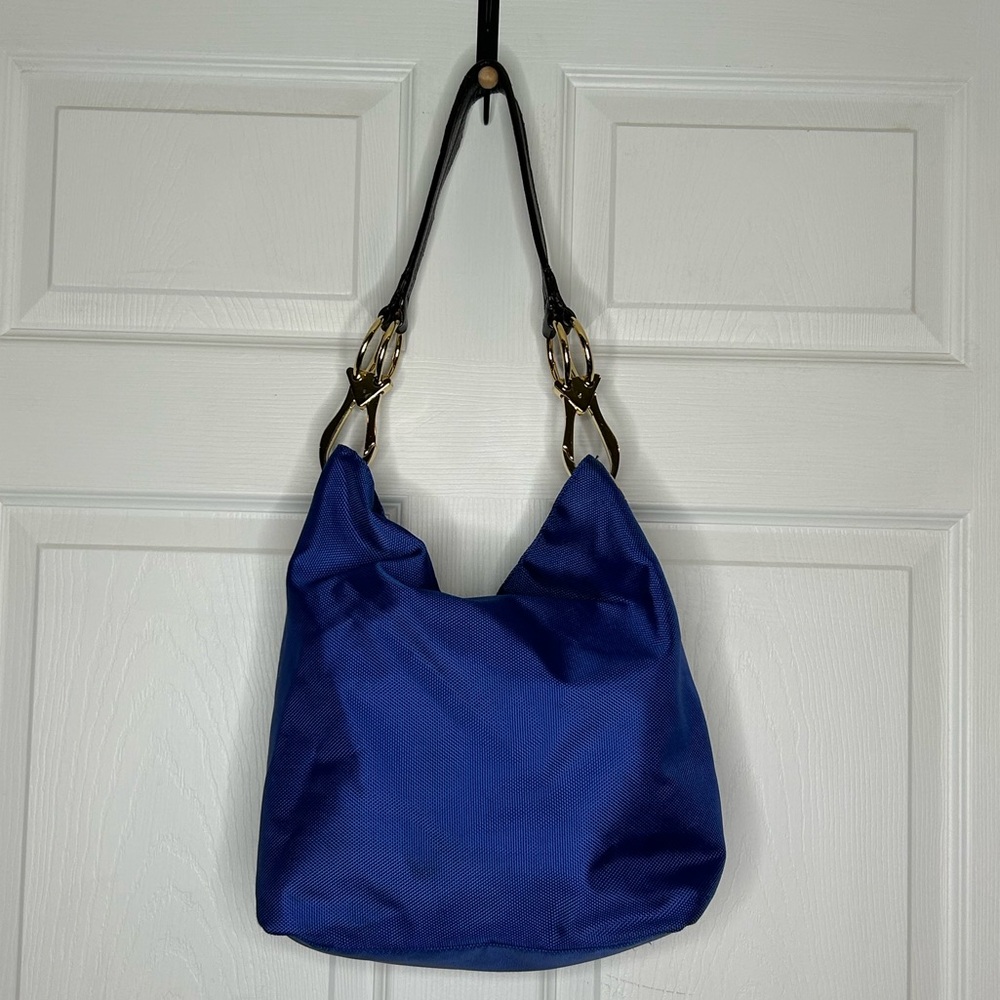 JPK Paris 75 royal blue nylon  bucket bag with black leather handle